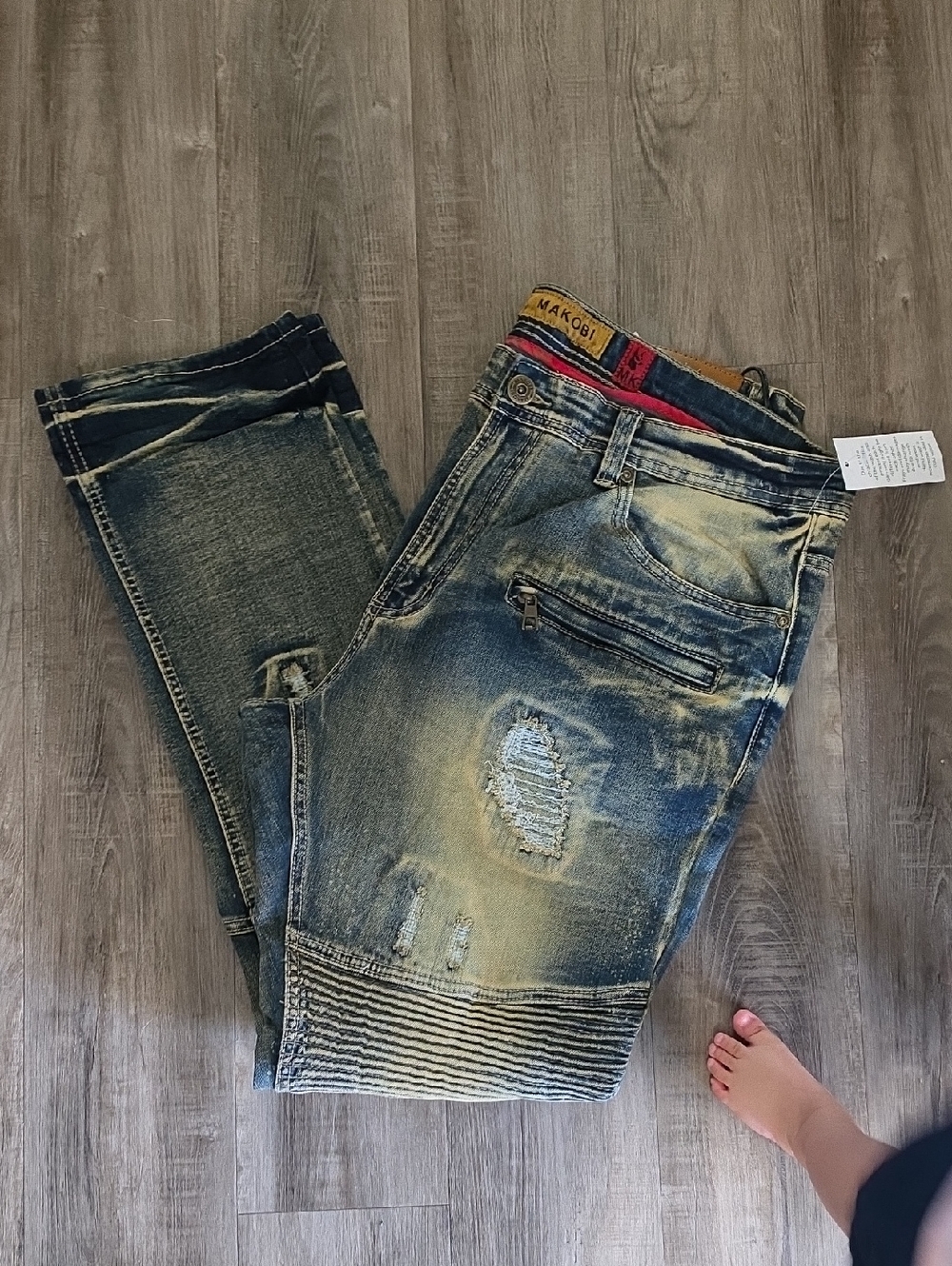 Makobi Distressed Biker Denim Jeans - Faded Blue